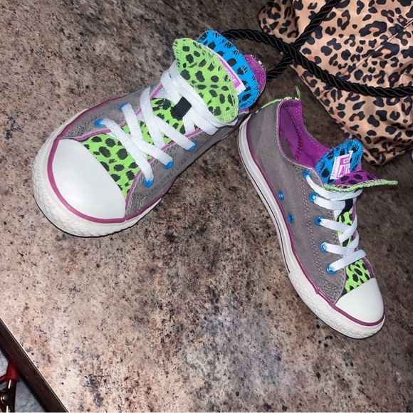 Converse All Star Shoes Gray Neon Animal Print Double Tongue Junior Size 4 - Picture 11 of 12